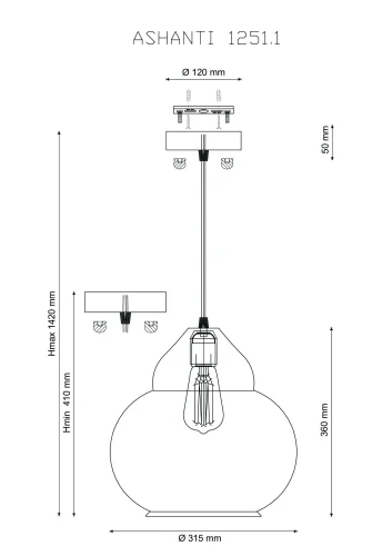 Светильник подвесной лофт ASHANTI 1251.1 Lucia Tucci прозрачный 1 лампа, основание чёрное в стиле лофт выдувное фото 3